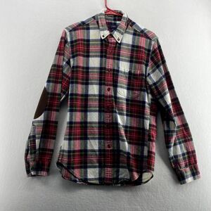 J. Crew Red Plaid Button Down Long Sleeved‎ Flannel Patch Elbow Mens Size S